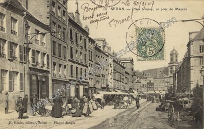 Carte postale ancienne Plage Crussy, un jour de Marché — Sedan (Ardennes)