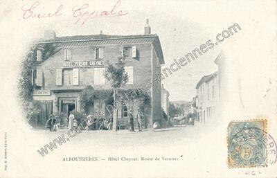 Carte postale ancienne Hôtel Cheynet. Route de Vernoux — Alboussière (Ardèche)