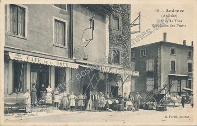 Carte postale ancienne Café de la Tour Expédition des Fruits — Andance (Ardèche)
