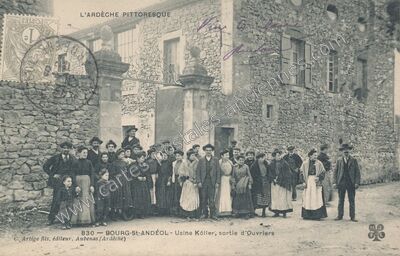 Carte postale ancienne Usine Köller, sortie d'Ouvriers — Bourg-Saint-Andéol (Ardèche)