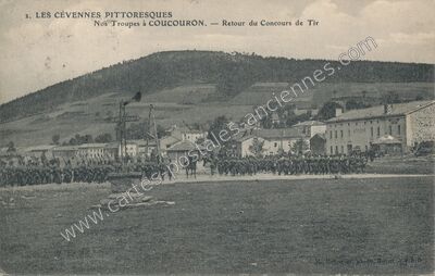 Carte postale ancienne Nos Troupes à Coucouron. — Retour du Concours de Tir — Coucouron (Ardèche)