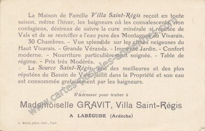 Carte postale ancienne La Maison de Famille Villa Saint-Régis et La Source Saint-Régis — Labégude (Ardèche)