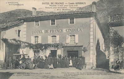 Carte postale ancienne Hôtel de France Ginhoux — Mayres (Ardèche)