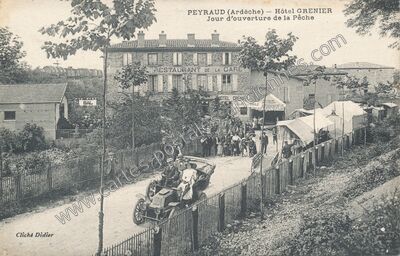 Carte postale ancienne Hôtel GRENIER Jour d'ouverture de la Pêche — Peyraud (Ardèche)