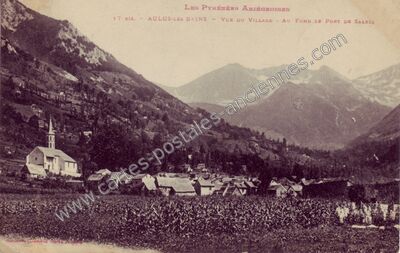 Carte postale ancienne Vue du village - Au fond le Port de Salix — Aulus-les-Bains (Ariège)