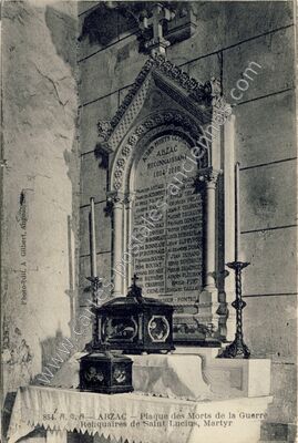 Carte postale ancienne Plaque des Morts de la Guerre / Reliquaires de Saint Lucius, Martyr — Abzac (Charente)