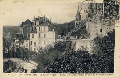 Carte postale ancienne La Rue St-Ausone - Entrée du Jardin Vert et un Coin du Rempart du Midi — Angoulême (Charente)