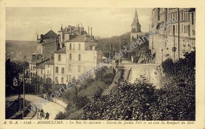 Carte postale ancienne La Rue St-Ausonne - Entrée du Jardin Vert et un coin du Rempart du Midi — Angoulême (Charente)
