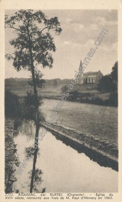 Carte postale ancienne Eglise du XVIe siècle, restaurée aux frais de M. Paul d'Hémery en 1863 — Bioussac (Charente)