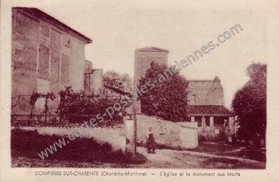 Carte postale ancienne L'église et le monument aux Morts — Dompierre-sur-Charente (Charente-Maritime)