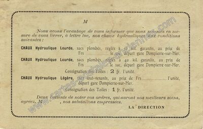 Carte postale ancienne Chaux Hydraulique Lourde, sacs plombés, réglés à 50 kil — Dompierre-sur-Mer (Charente-Maritime)