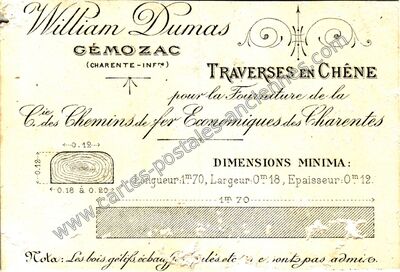 Carte postale ancienne TRAVERSES EN CHÊNE pour la Fourniture de la Cie des Chemins de fer Économiques des… — Gémozac (Charente-Maritime)