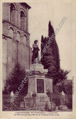 Carte postale ancienne Le Monument aux Morts et l'Eglise (côté sud) — Jazennes (Charente-Maritime)