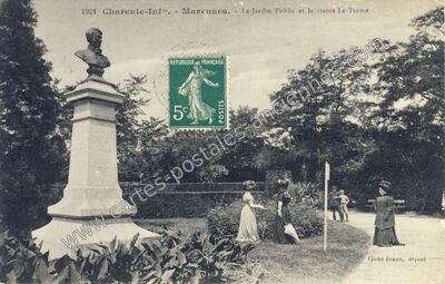 Carte postale ancienne Le Jardin Public et la statue Le-Terme — Marennes (Charente-Maritime)