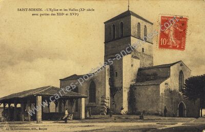Carte postale ancienne L'Eglise et les Halles — Saint-Sornin (Charente-Maritime)