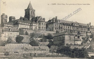 Carte postale ancienne Hôtel-Dieu, Vue générale et l'Eglise Saint-Gilles — Caen (Calvados)