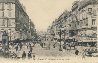 Carte postale ancienne La Cannebière vue du Cours — Marseille (Bouches-du-Rhône)