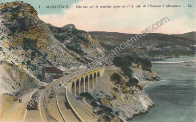 Carte postale ancienne Une vue sur la nouvelle ligne du P.-L.-M. de l'Estaque à Muramas — Marseille (Bouches-du-Rhône)