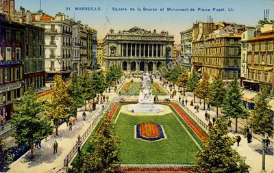 Carte postale ancienne Square de la Bourse et Monument de Pierre Puget — Marseille (Bouches-du-Rhône)