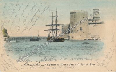 Carte postale ancienne La Sortie du Vieux Port et le Fort St-Jean — Marseille (Bouches-du-Rhône)