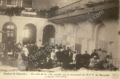 Carte postale ancienne Hôpital St-Sébastien. - Un coin de la salle, fondée par le personnel des P,T T — Marseille (Bouches-du-Rhône)