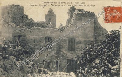 Carte postale ancienne Maisons en ruines - Au fond le clocher — Saint-Cannat (Bouches-du-Rhône)