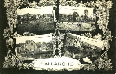 Carte postale ancienne L'Église et le Presbytère / Troupeau au pâturage / Nouvelle Avenue de la Gare / Vieux… — Allanche (Cantal)