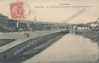 Carte postale ancienne Les Rives de la Jordanne, vue prise du Pont Bourbon — Aurillac (Cantal)
