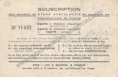 Carte postale ancienne SOUSCRIPTION pour permettre au STADE AURILLACOIS de poursuivre les Championnats de France — Aurillac (Cantal)