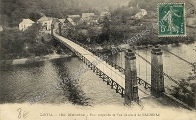 Carte postale ancienne Pont suspendu et Vue Générale de NAUZENAC — Chalvignac (Cantal)
