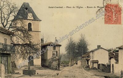 Carte postale ancienne Place de l'Église. - Route de Maurs — Saint-Constant (Cantal)