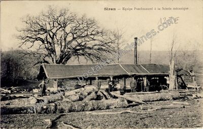 Carte postale ancienne Équipe Puechmaurel à sa scierie mécanique — Siran (Cantal)
