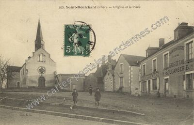 Carte postale ancienne L'Eglise et la Place — Saint-Doulchard (Cher)