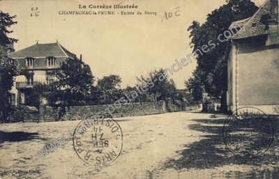 Carte postale ancienne Entrée du Bourg — Champagnac-la-Prune (Corrèze)