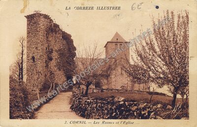 Carte postale ancienne Les Ruines et l'Eglise — Cornil (Corrèze)