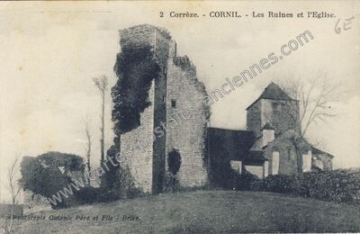Carte postale ancienne Les Ruines et l'Eglise — Cornil (Corrèze)
