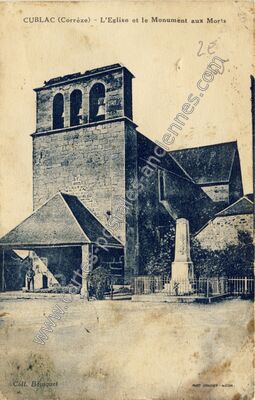 Carte postale ancienne L'Eglise et le Monument aux Morts — Cublac (Corrèze)