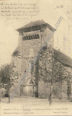 Carte postale ancienne L'Église (XIIe siècle) - Clocher fortifié — Dampniat (Corrèze)