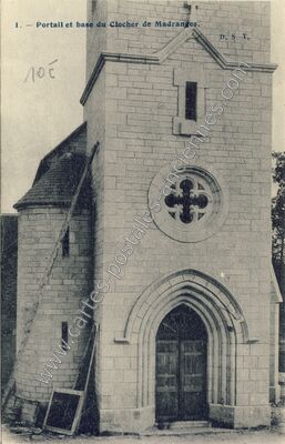 Carte postale ancienne Portail et base du Clocher — Madranges (Corrèze)