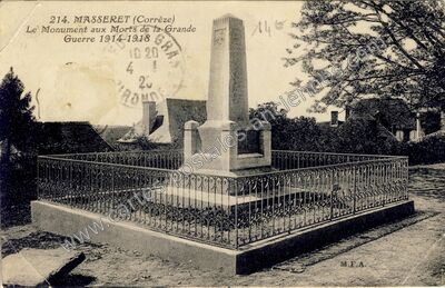 Carte postale ancienne Le Monument aux Morts de la Grande Guerre 1914-1918 — Masseret (Corrèze)