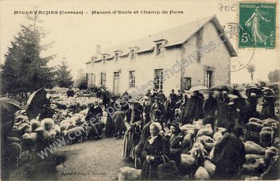 Carte postale ancienne Maison d'Ecole et Champ de Foire — Millevaches (Corrèze)