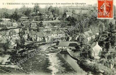Carte postale ancienne Vue panoramique - Les moulins de l'Hospice — Treignac (Corrèze)