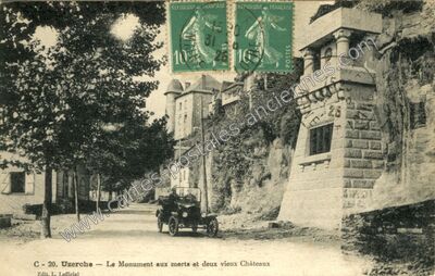 Carte postale ancienne Le Monument aux morts et deux vieux Châteaux — Uzerche (Corrèze)