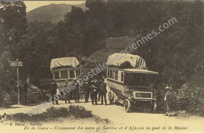 Carte postale ancienne Croisement des autos de Sartène et d'Ajaccio au pont de la Masine — Sartène (Corse-du-Sud)