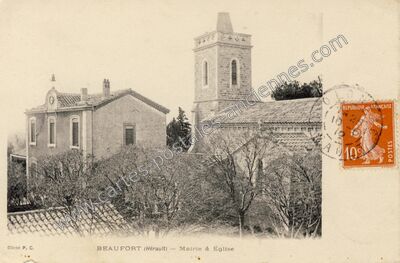 Carte postale ancienne Mairie & Église — Beaufort (Hérault)