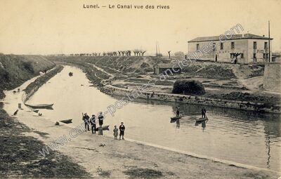 Carte postale ancienne Le Canal vue des rives — Lunel (Hérault)