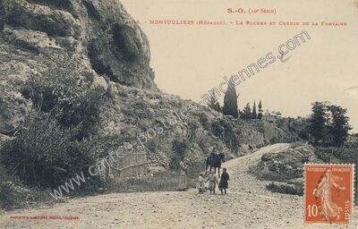 Carte postale ancienne Le Rocher et Chemin de la Fontaine — Montouliers (Hérault)