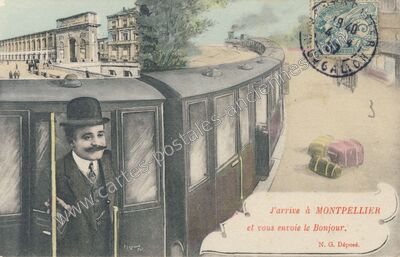 Carte postale ancienne J'arrive et vous envoie le Bonjour — Montpellier (Hérault)