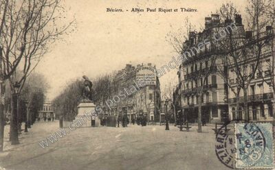 Carte postale ancienne Allées Paul Riquet et Théâtre — Béziers (Hérault)