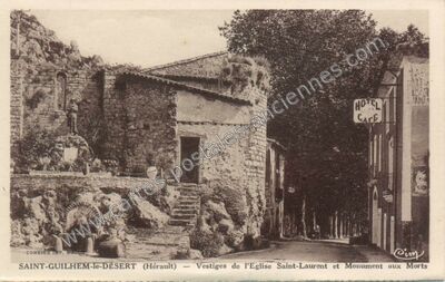 Carte postale ancienne Vestiges de l'Eglise Saint-Laurent et Monument aux Morts — Saint-Guilhem-le-Désert (Hérault)